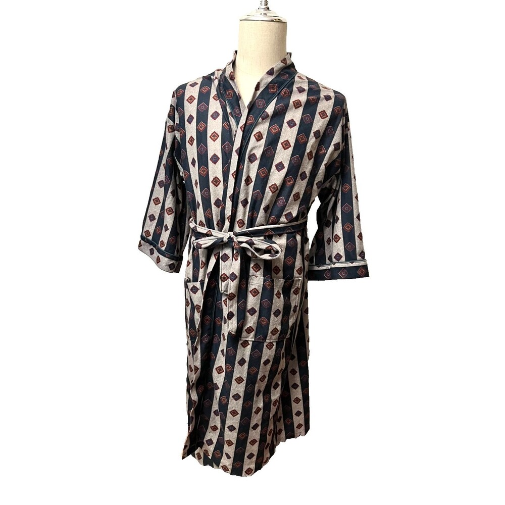 Vtg TOWNCRAFT Men's Polyester Robe OS USA Made Striped Geometric Green Grey EUC